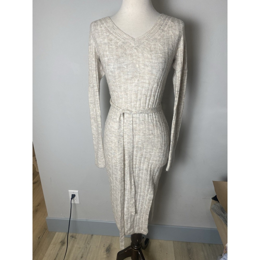 Abercrombie & Fitch Womens Cable Knit V-Neck Tie-Waist Midi Sweater Dress XS